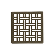 Square oil rubbed bronze drain cover with geometric cutout pattern and center opening.