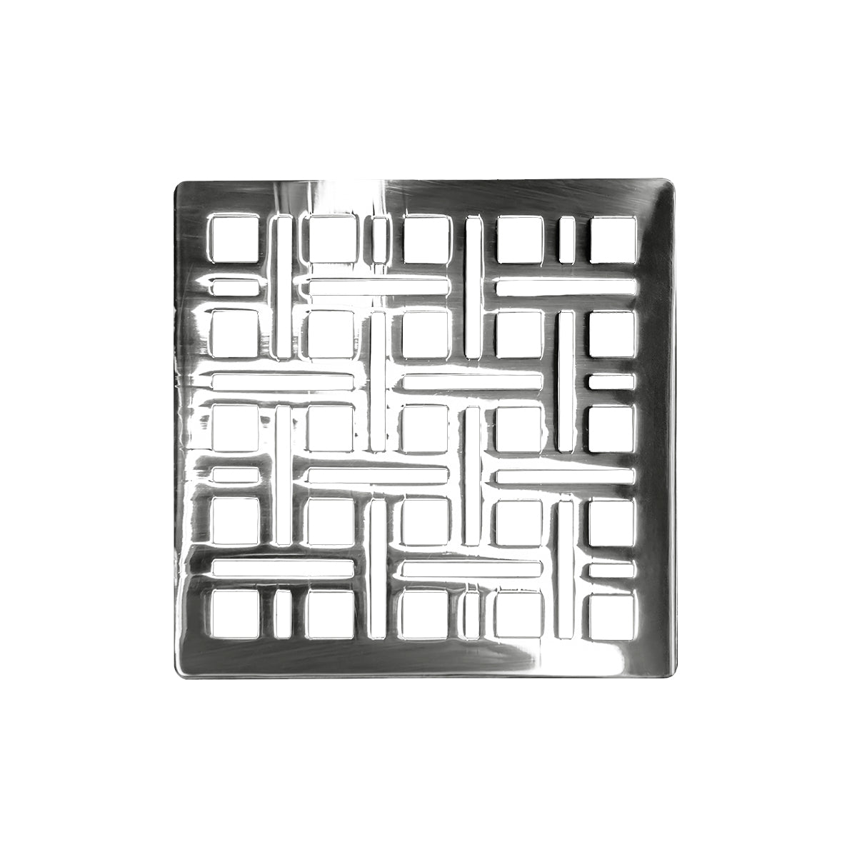 Square polished stainless steel drain cover with geometric grid pattern and center drain opening.