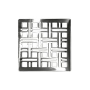 Square polished stainless steel drain cover with geometric grid pattern and center drain opening.