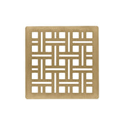 Square satin bronze drain cover with geometric grid pattern cutout design.