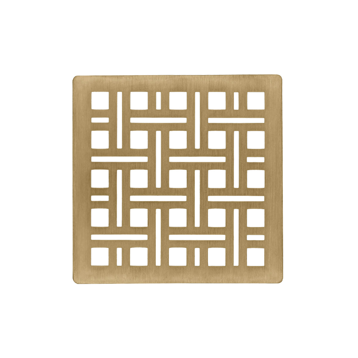 Square satin bronze drain cover with geometric grid pattern cutout design.