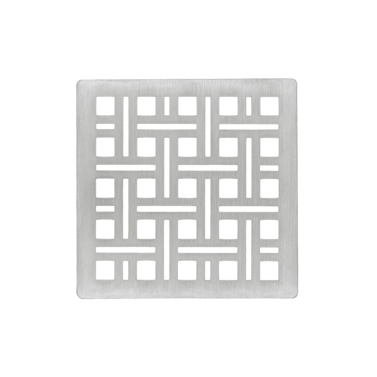 Square satin stainless steel drain cover with geometric cutout pattern and center drain opening.