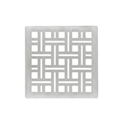 Square satin stainless steel drain cover with geometric cutout pattern and center drain opening.