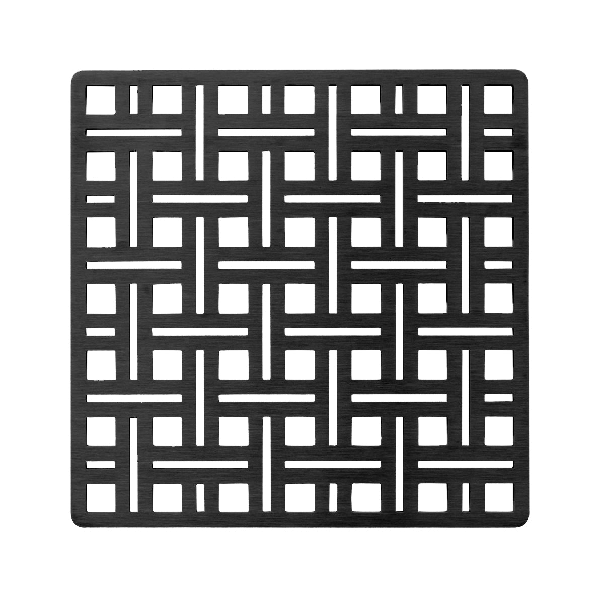 Square matte black decorative drain cover with geometric cutout pattern and center drain opening.