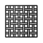 Square matte black decorative drain cover with geometric cutout pattern and center drain opening.