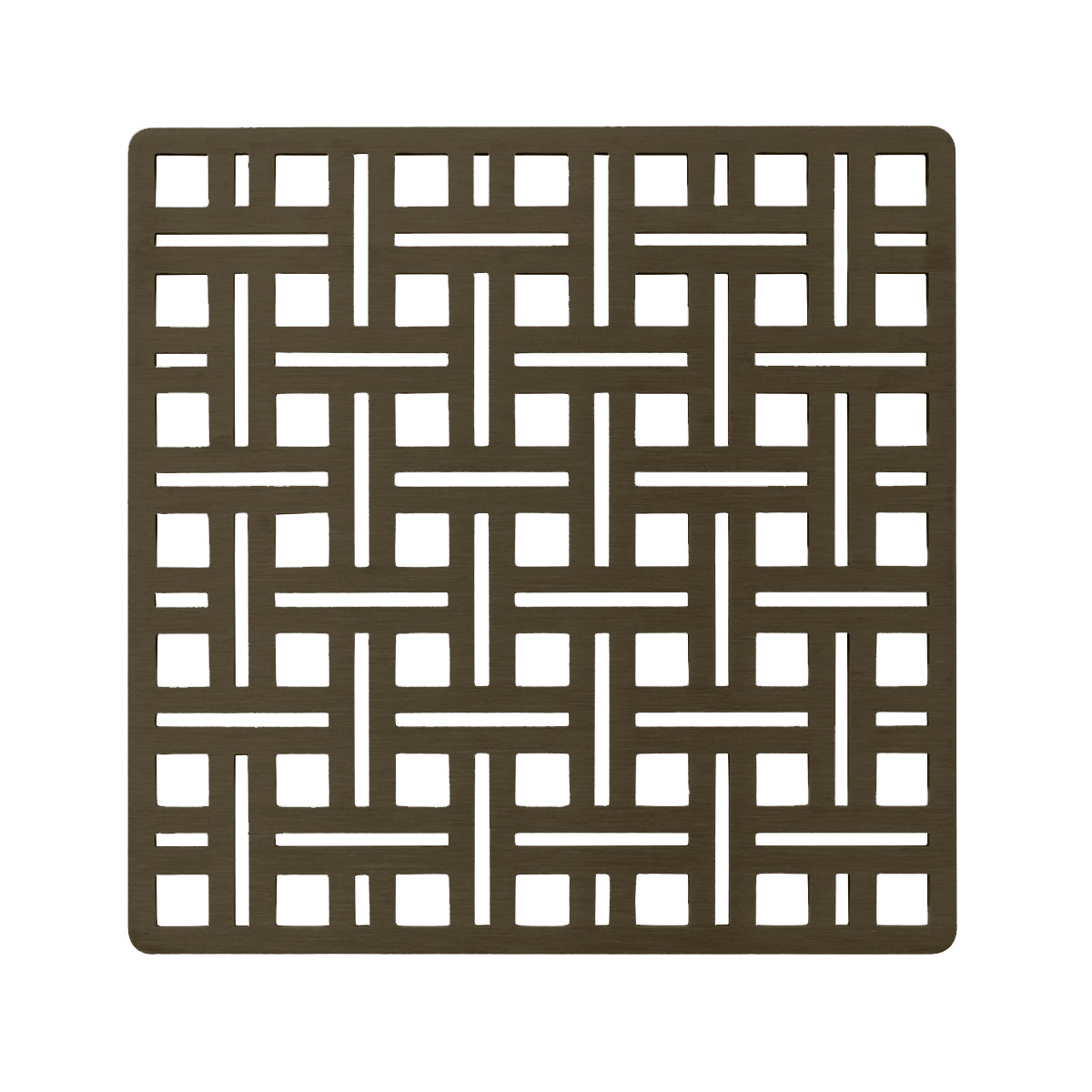 Oil rubbed bronze square drain cover with geometric grid pattern and cutout squares.