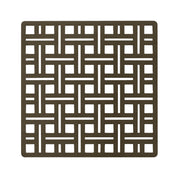 Oil rubbed bronze square drain cover with geometric grid pattern and cutout squares.