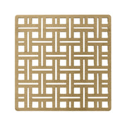 Square satin bronze drain cover with geometric grid pattern and center drain opening.