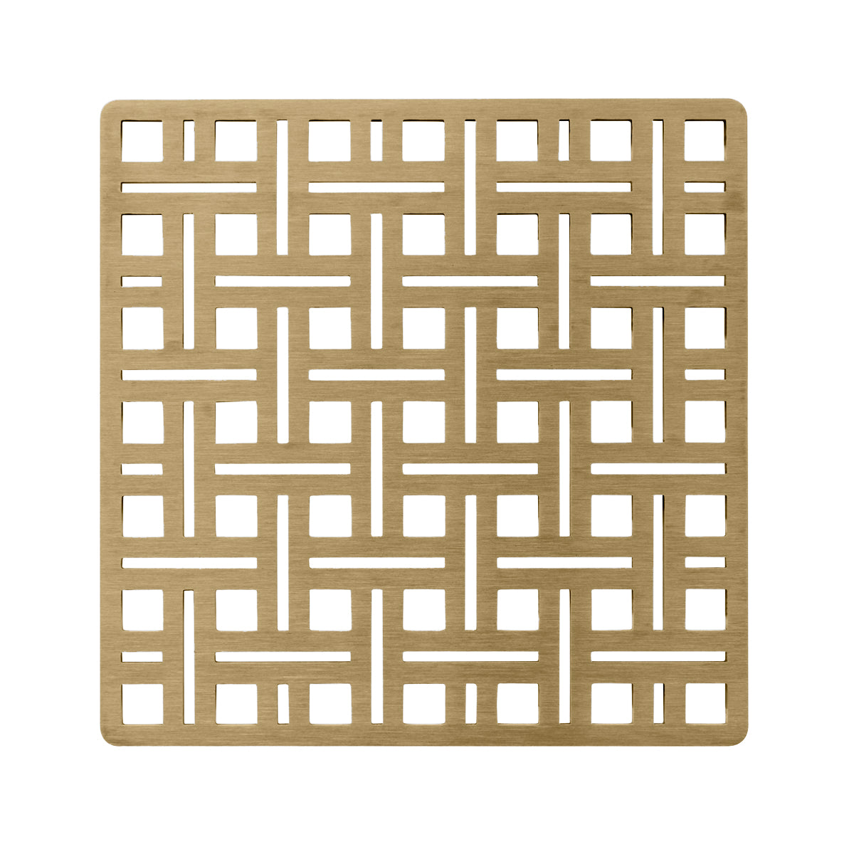 Square satin bronze drain cover with geometric grid pattern and center drain opening.