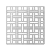 Square satin stainless steel drain cover with geometric grid pattern and center drain opening.