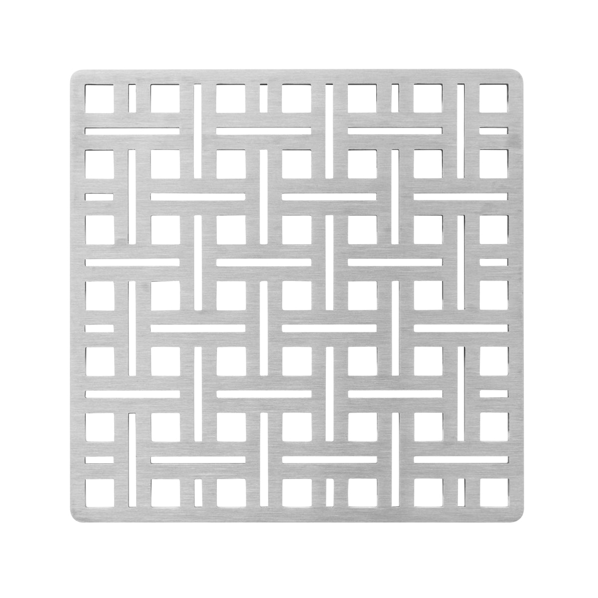 Square satin stainless steel drain cover with geometric grid pattern and center drain opening.
