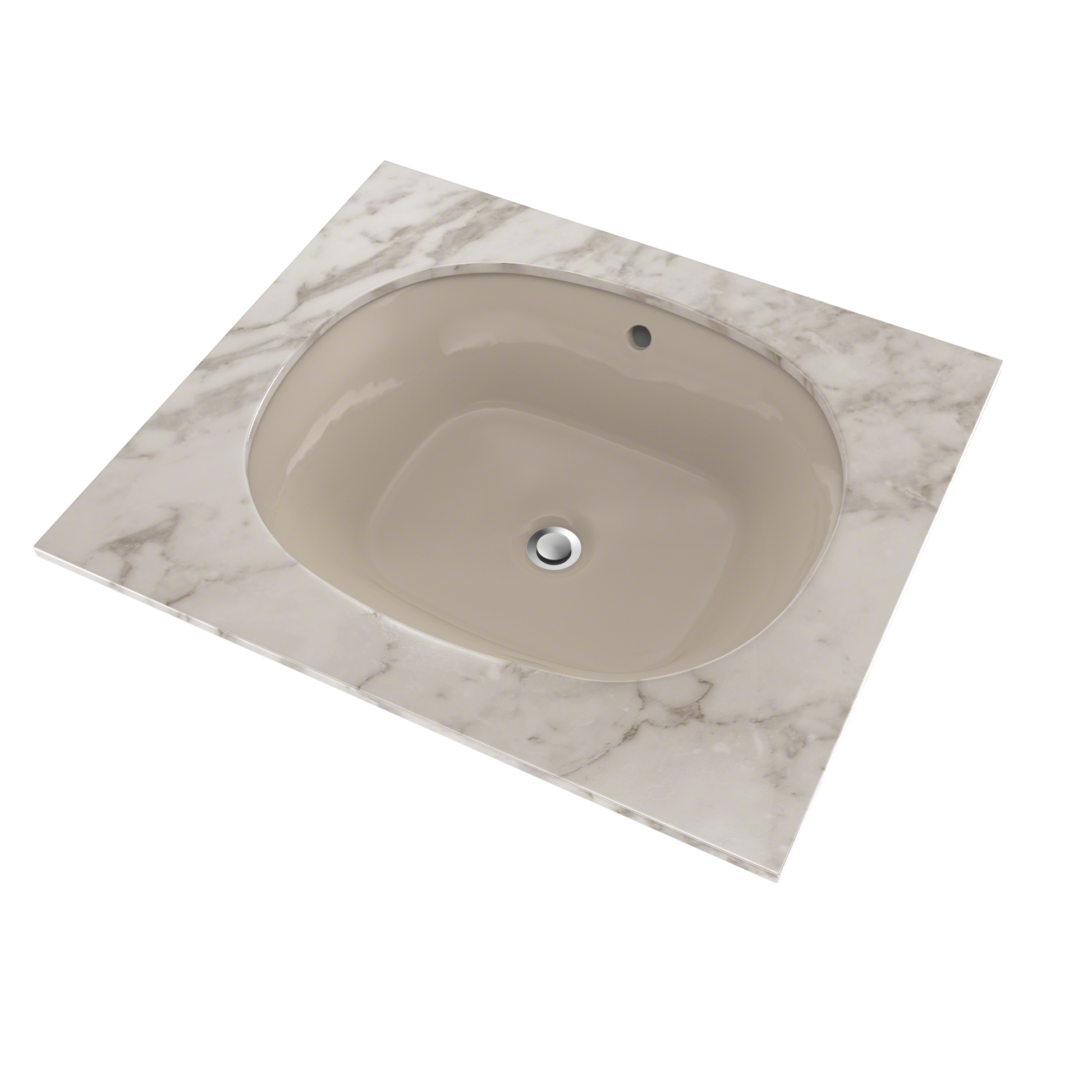 Bone-colored oval undermount sink with chrome drain fitting and overflow hole, shown from above.