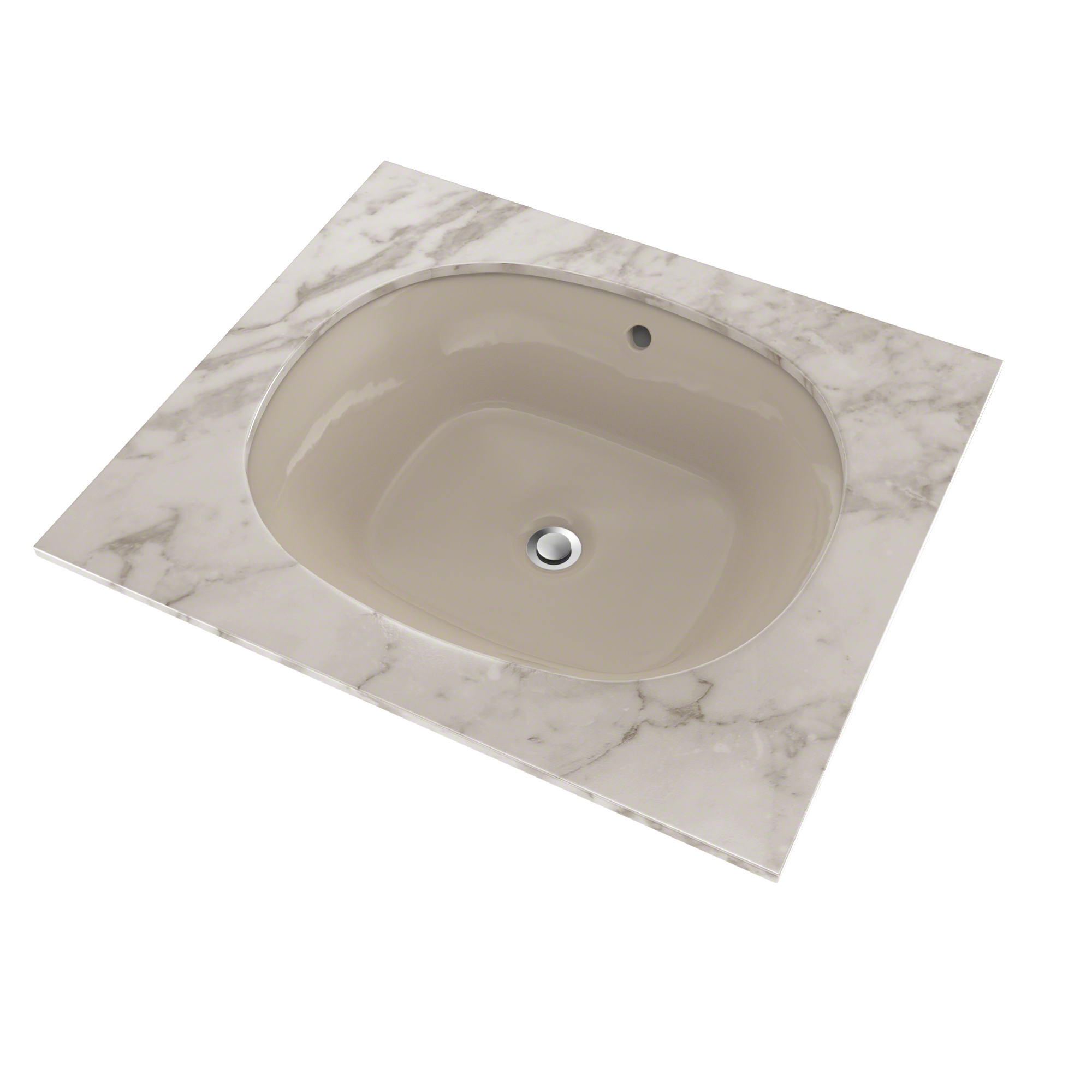 Bone-colored oval undermount sink with chrome drain fitting and overflow hole, shown from above.
