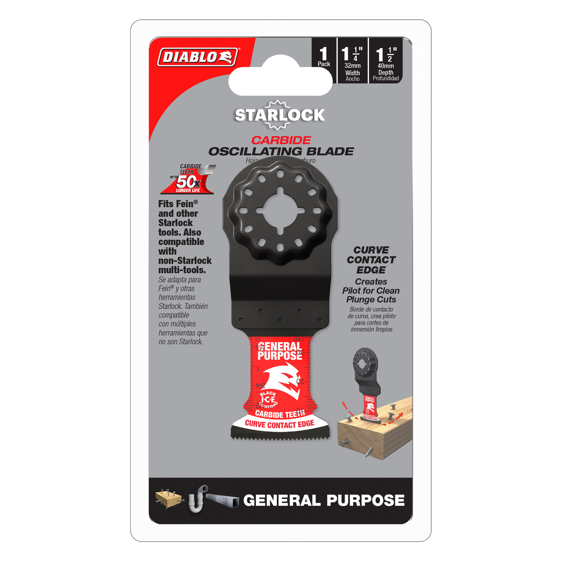 Diablo Starlock carbide oscillating blade with curved contact edge and circular attachment head on retail packaging.