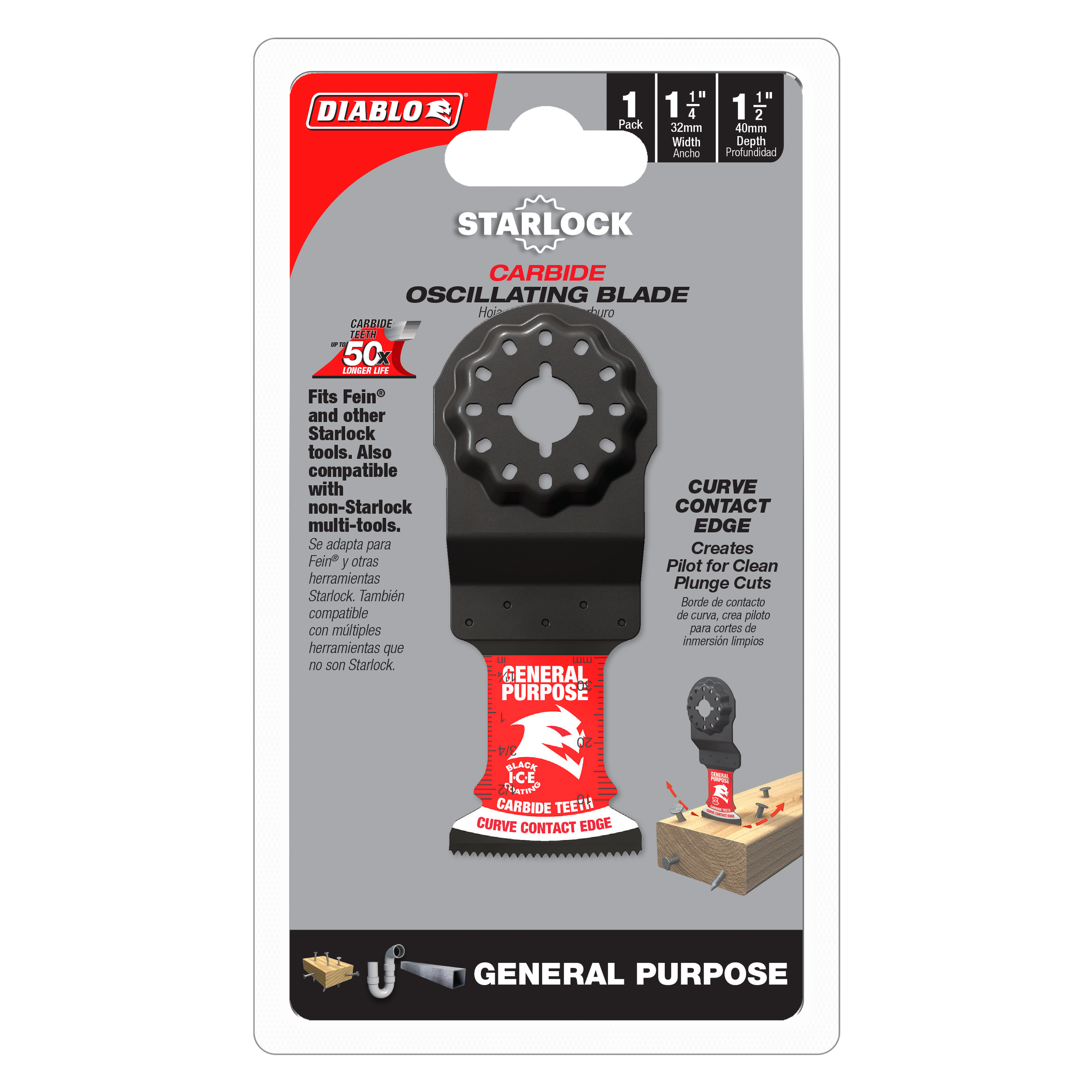 Diablo Starlock carbide oscillating blade with curved contact edge and circular attachment head on retail packaging.