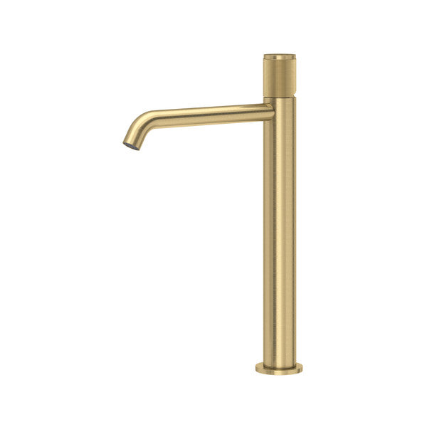 Tall single-handle bathroom faucet with curved spout in antique gold finish.