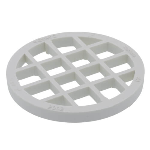 White round PVC birdscreen with grid pattern openings for 2" pipe terminations.