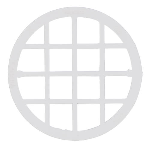 Gray circular PVC birdscreen with grid pattern openings for 2" pipe terminations.