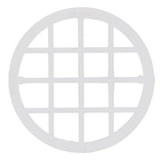 Light gray circular PVC birdscreen with grid pattern openings for 2-inch pipe terminations.