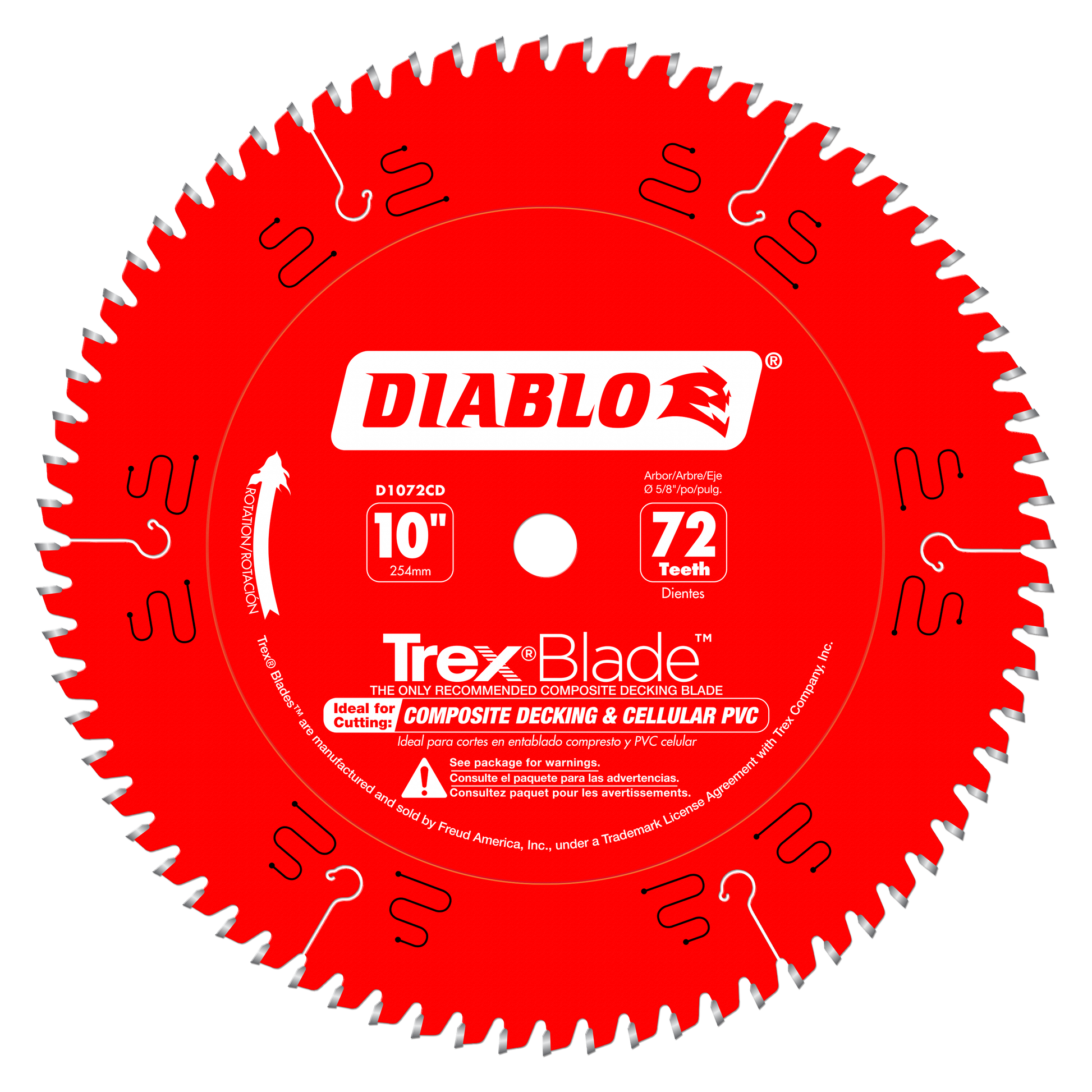 Red Diablo TrexBlade circular saw blade with 72 teeth, 10 inch diameter, designed for composite decking and cellular PVC.