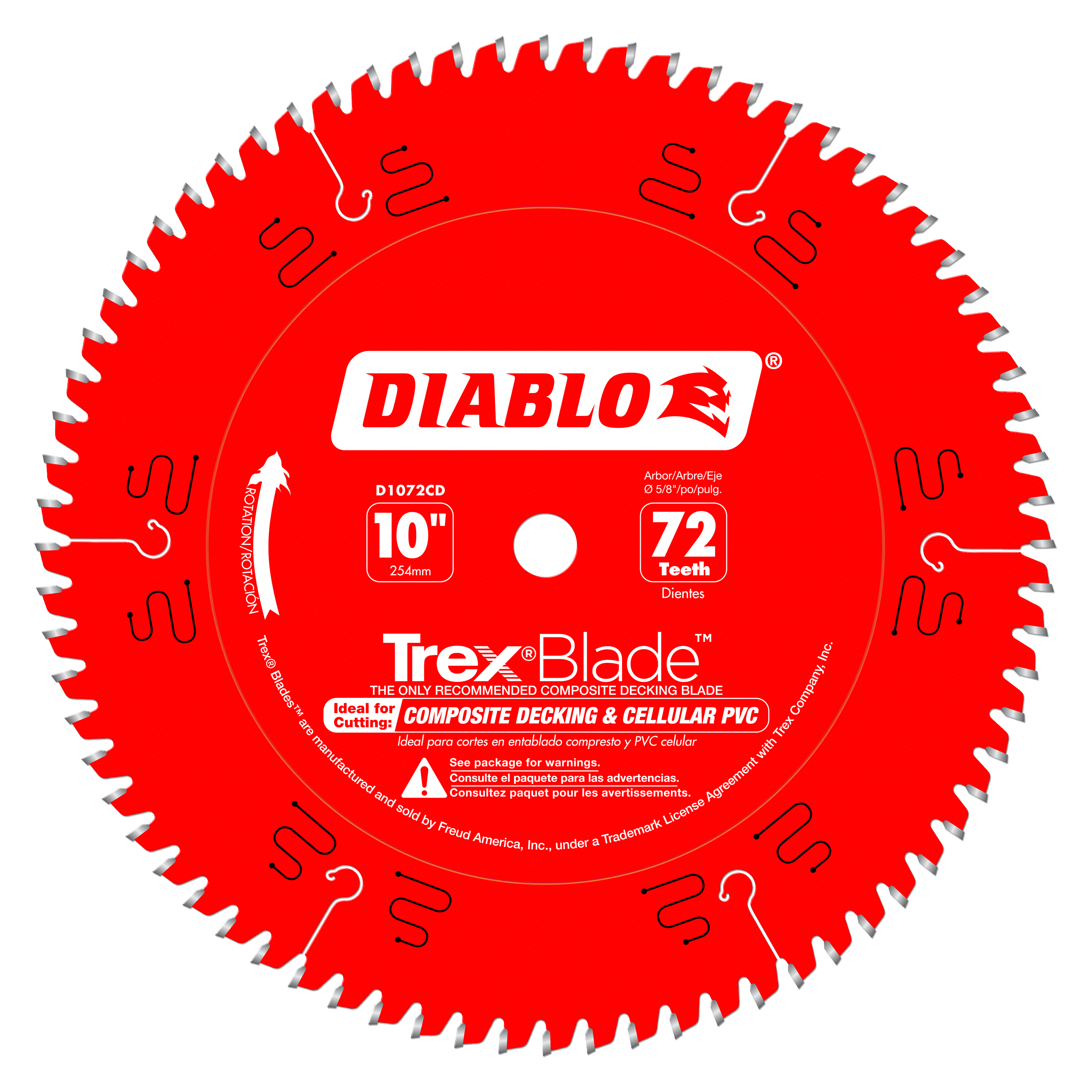Red Diablo TrexBlade circular saw blade with 72 teeth, 10 inch diameter, designed for composite decking and cellular PVC.