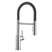 Chrome kitchen faucet with arched spout, black flexible hose, and side lever control.