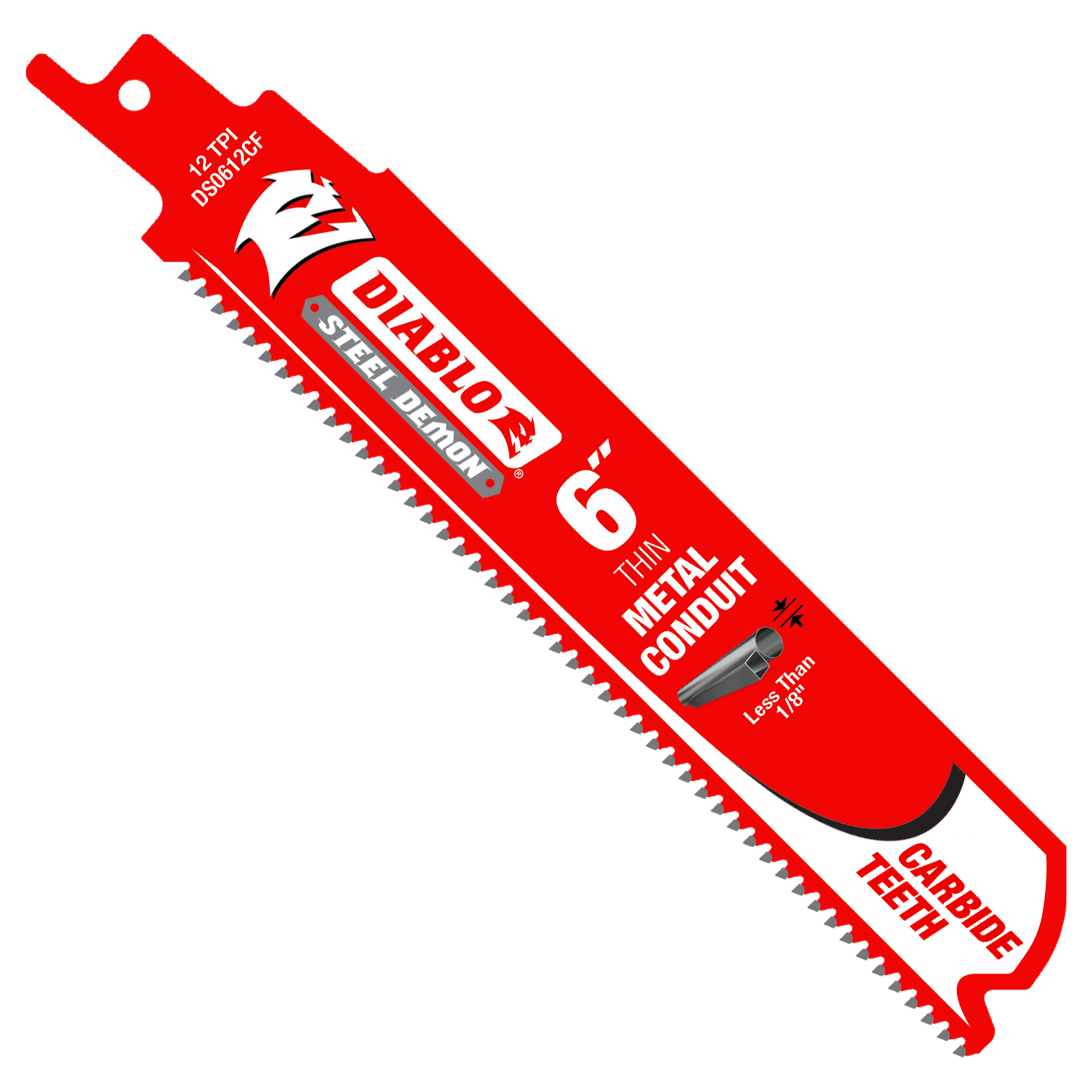 Red Diablo Steel Demon 6-inch carbide reciprocating saw blade with fine teeth for thin metal conduit cutting.