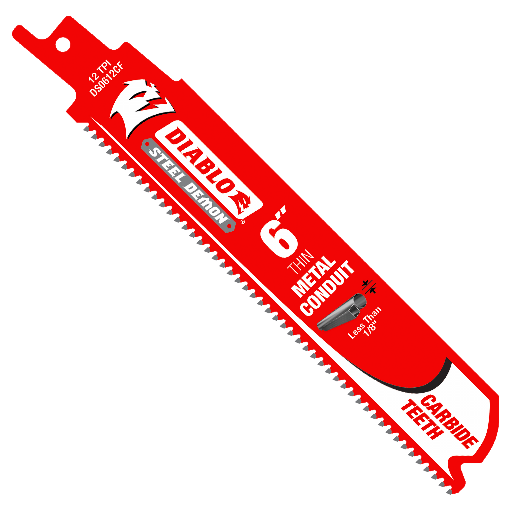 Red reciprocating saw blade with carbide teeth and "Steel Demon" branding for thin metal conduit cutting.