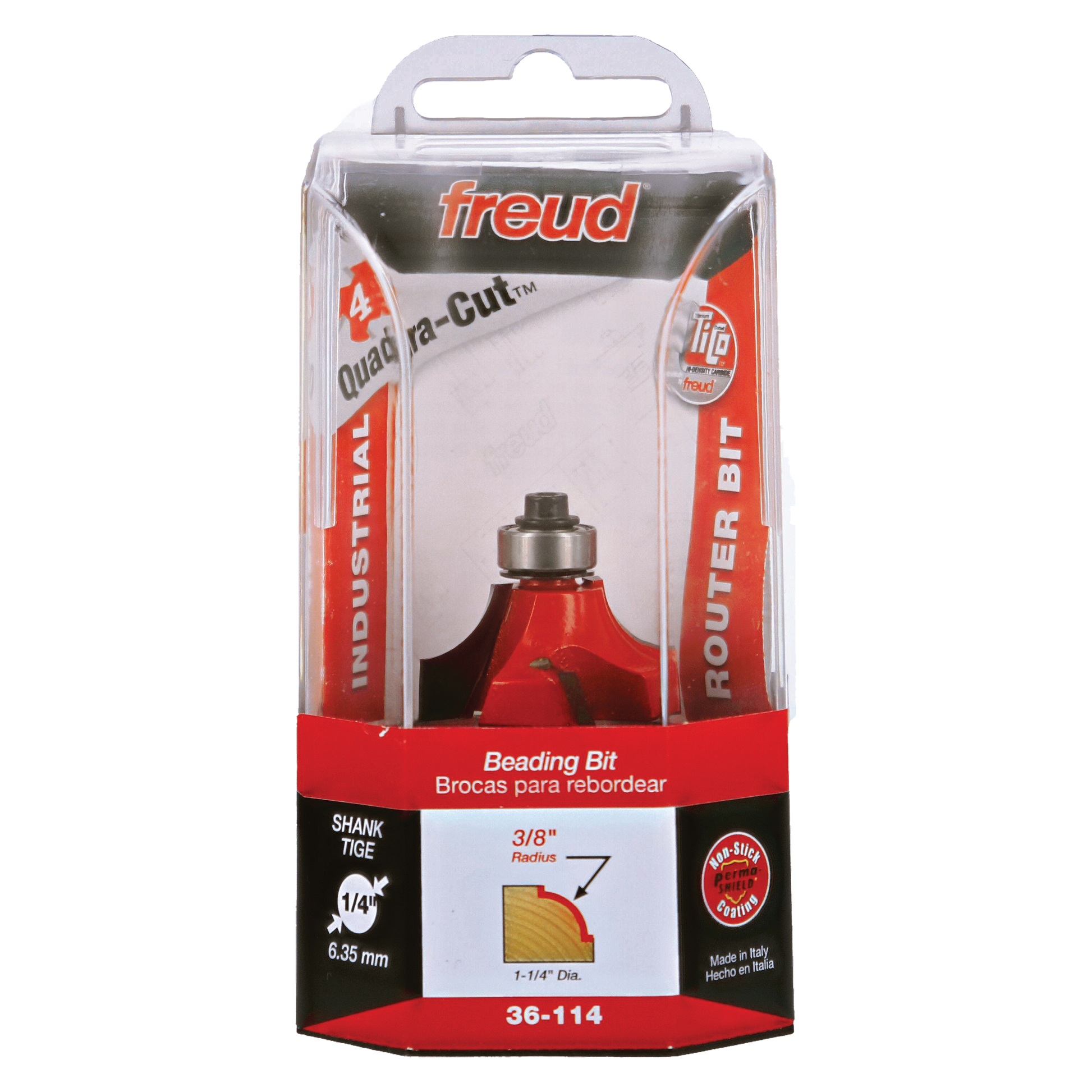 Freud 36-114 3/8" radius beading bit with red cutting head and metal shank in retail packaging.