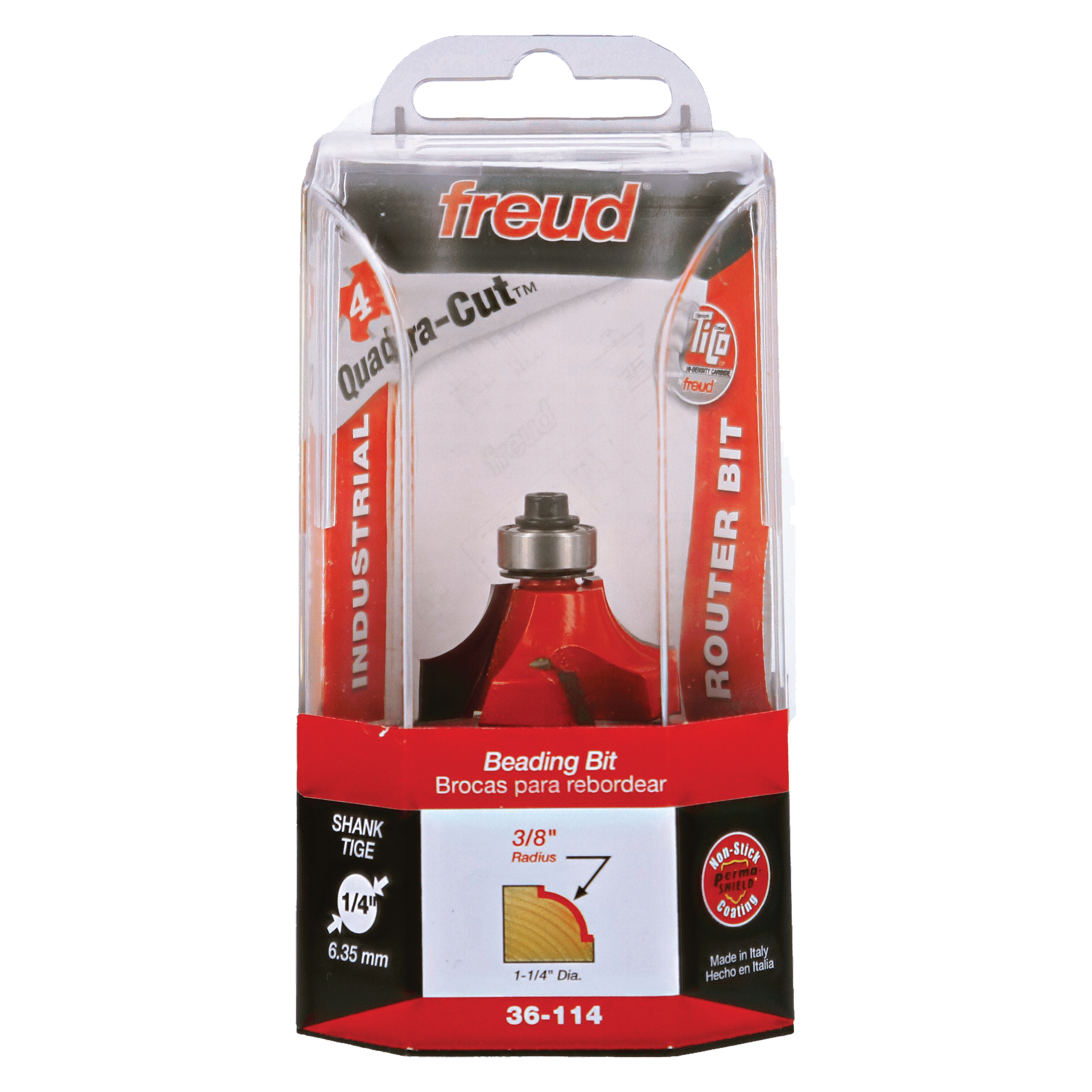 Freud 36-114 3/8" radius beading bit with red cutting head and metal shank in retail packaging.