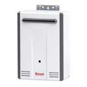 White and gray Rinnai tankless water heater with horizontal exhaust vent, control panel, and wall-mount bracket on top.