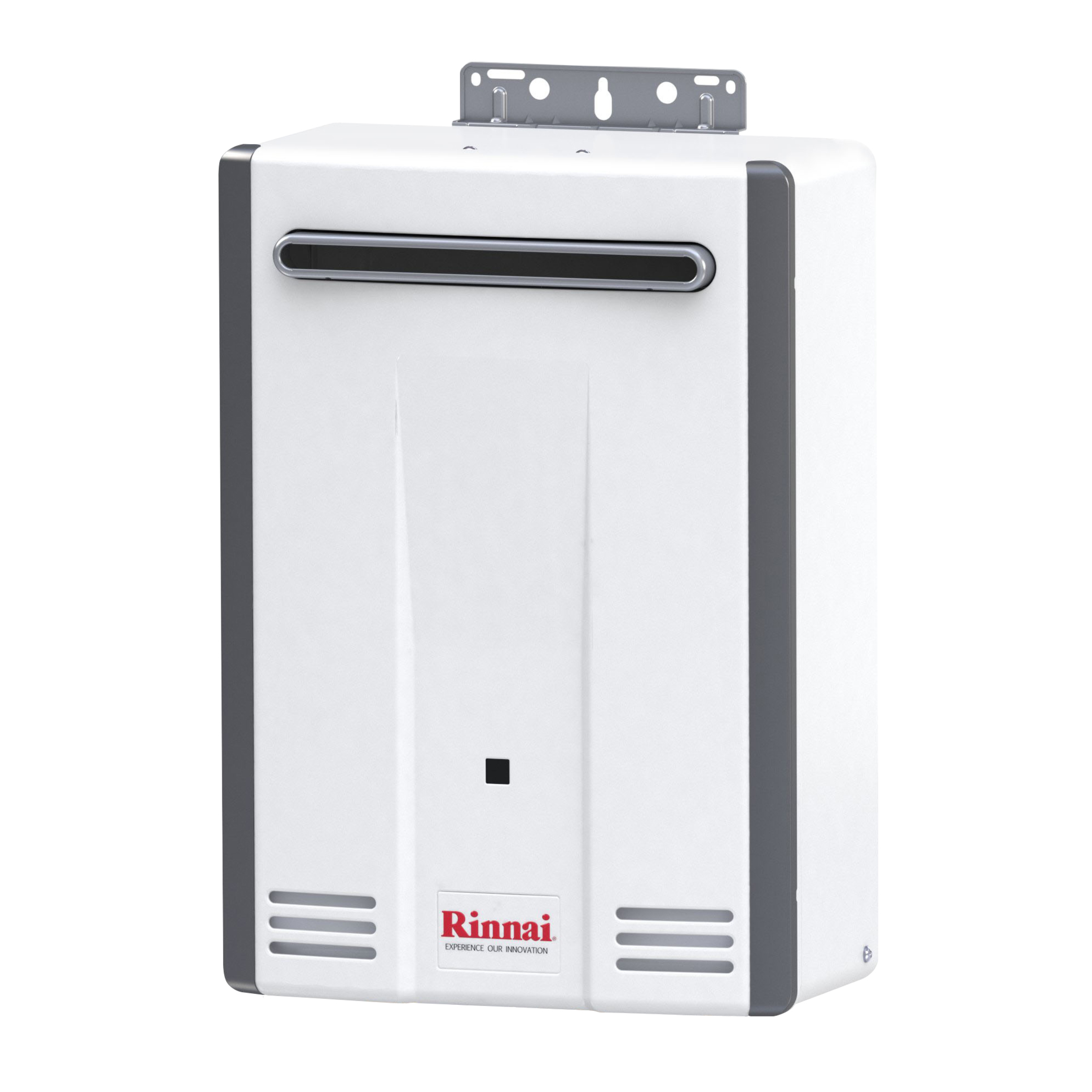 White and gray Rinnai tankless water heater with horizontal exhaust vent, control panel, and wall-mount bracket on top.