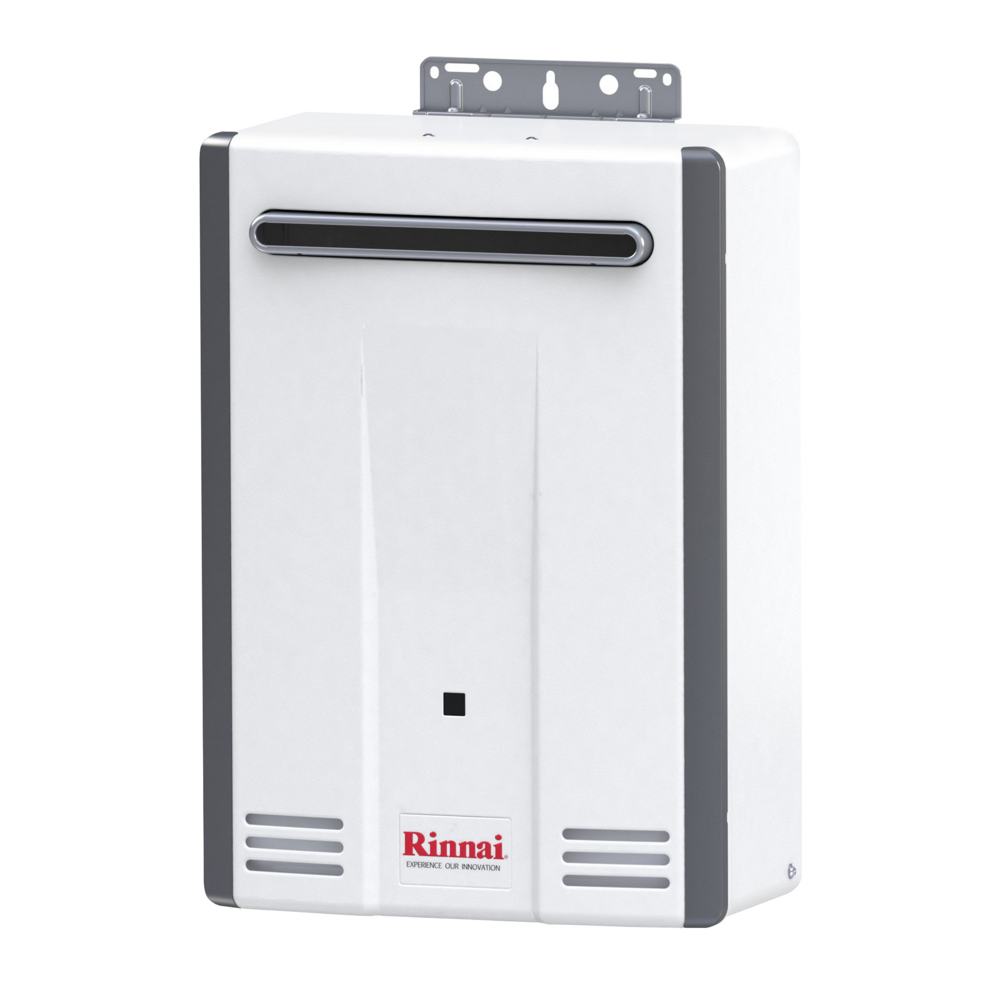 White and dark gray Rinnai tankless water heater with horizontal vent opening and mounting bracket on top.