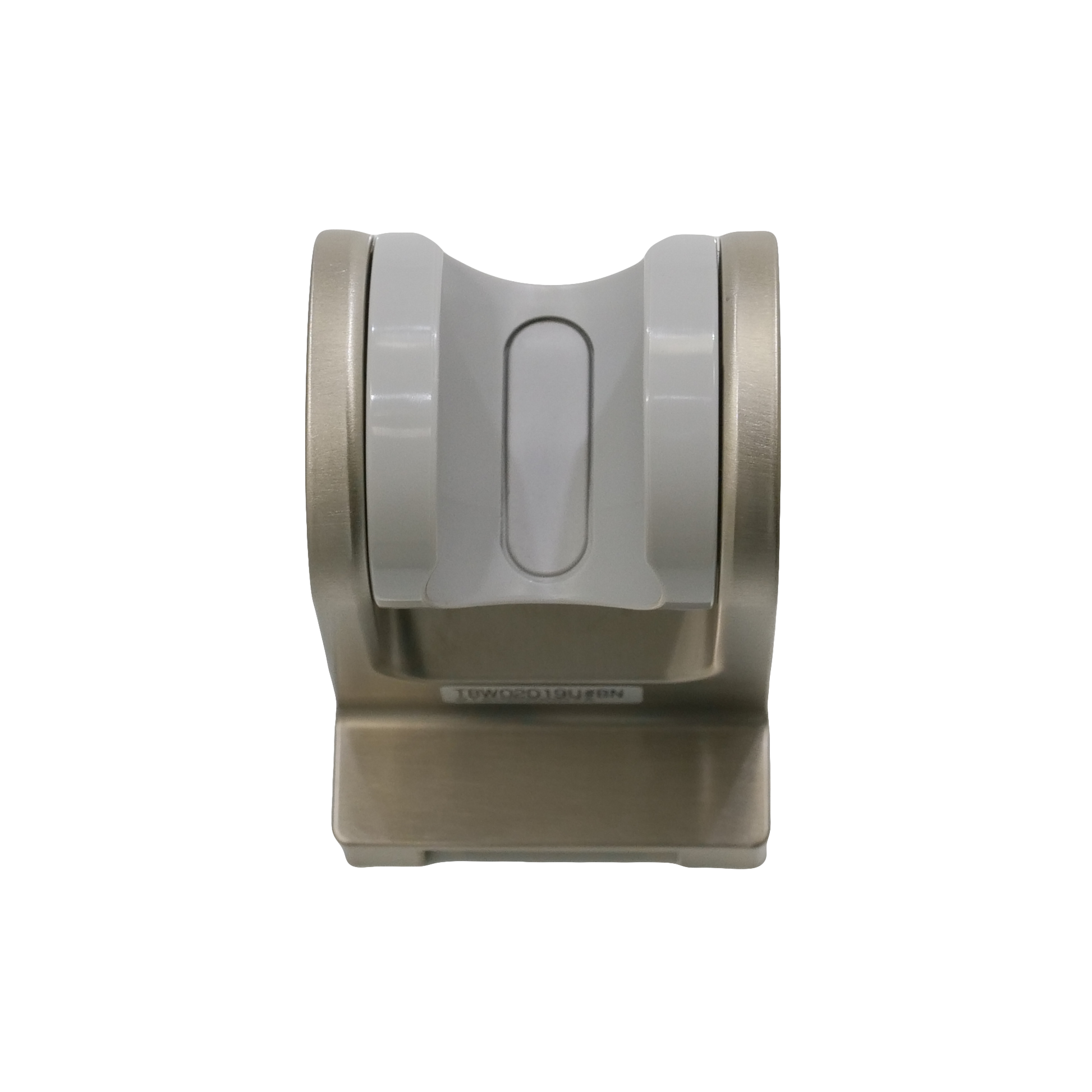 Brushed nickel wall mount bracket with white plastic handshower holder and curved grip slot.