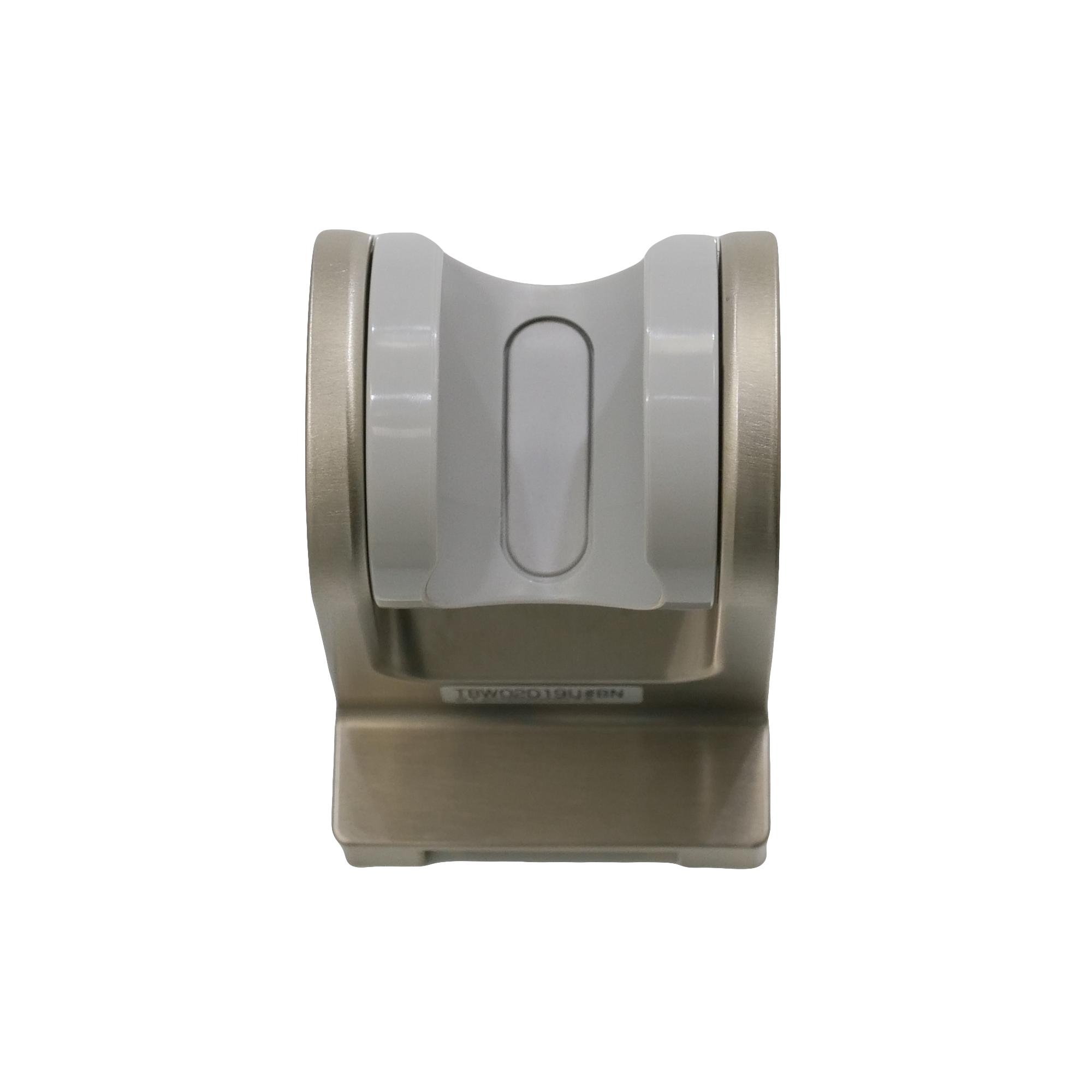Brushed nickel wall mount bracket with white plastic handshower holder and curved grip slot.