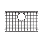 Stainless steel sink grid with square mesh pattern and circular drain hole in center, featuring corner mounting brackets.