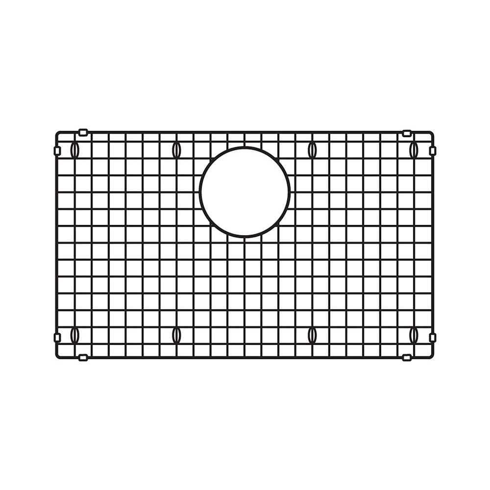 Stainless steel sink grid with square mesh pattern and circular drain hole in center, featuring corner mounting brackets.