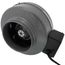 Gray cylindrical centrifugal duct fan with black intake end and attached power cord.