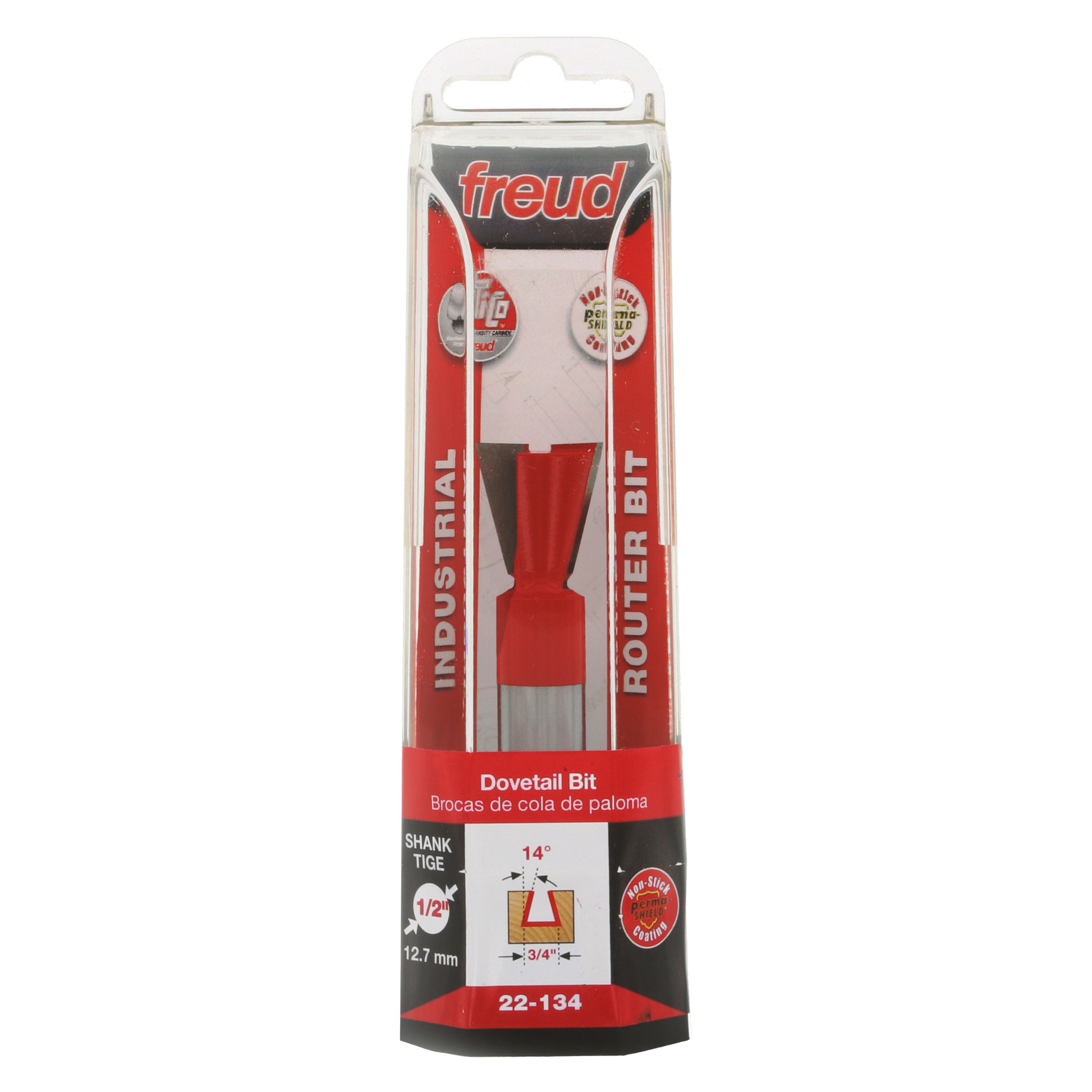 Freud 22-134 dovetail router bit with red body, gray shank, and angled cutting head in retail packaging.