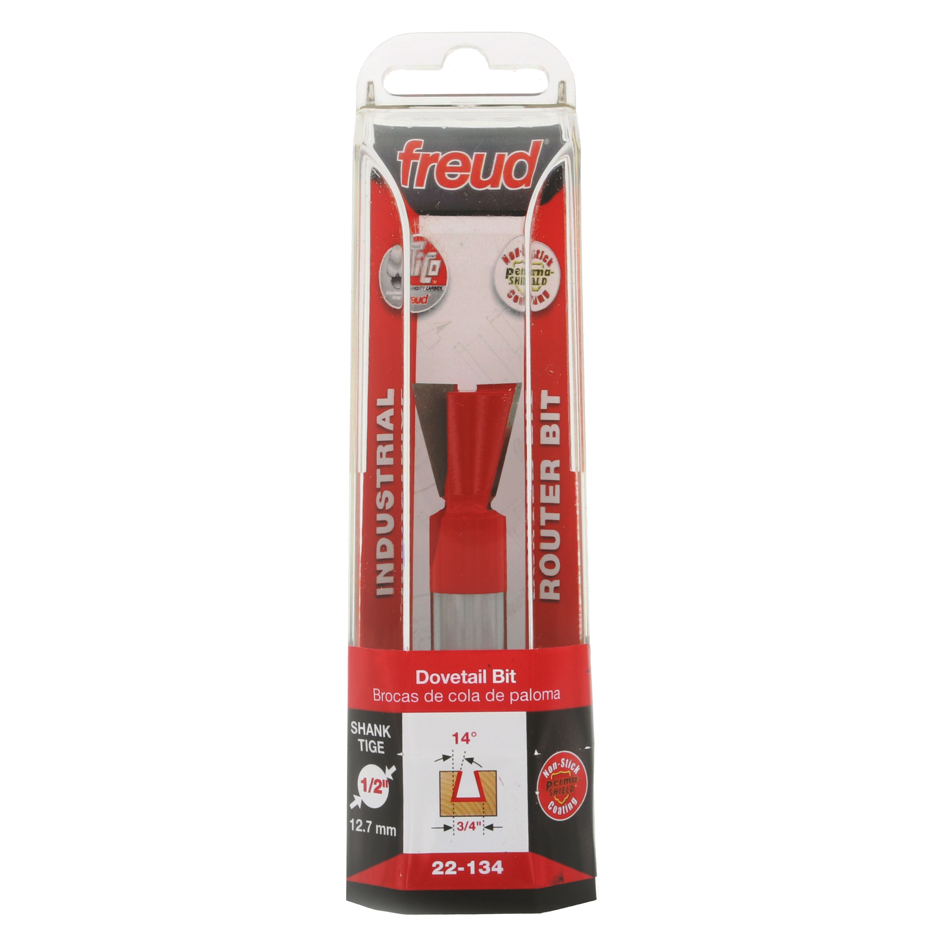 Freud 22-134 dovetail router bit with red body, gray shank, and angled cutting head in retail packaging.