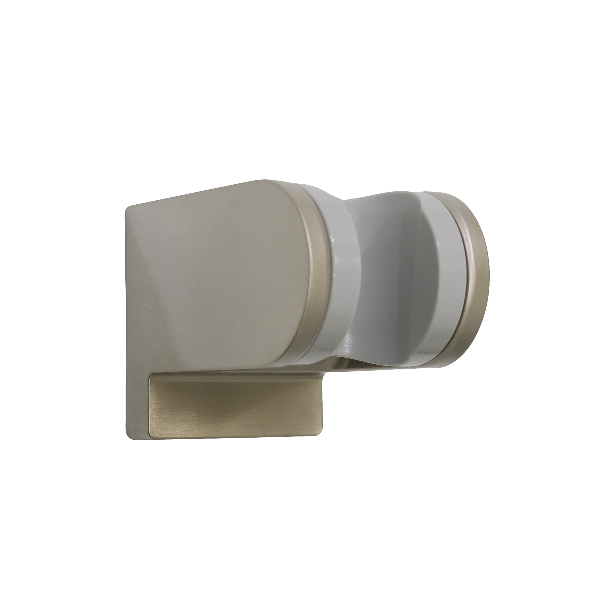 Brushed nickel wall mount bracket with cylindrical holder and rectangular base plate for handheld showerhead.