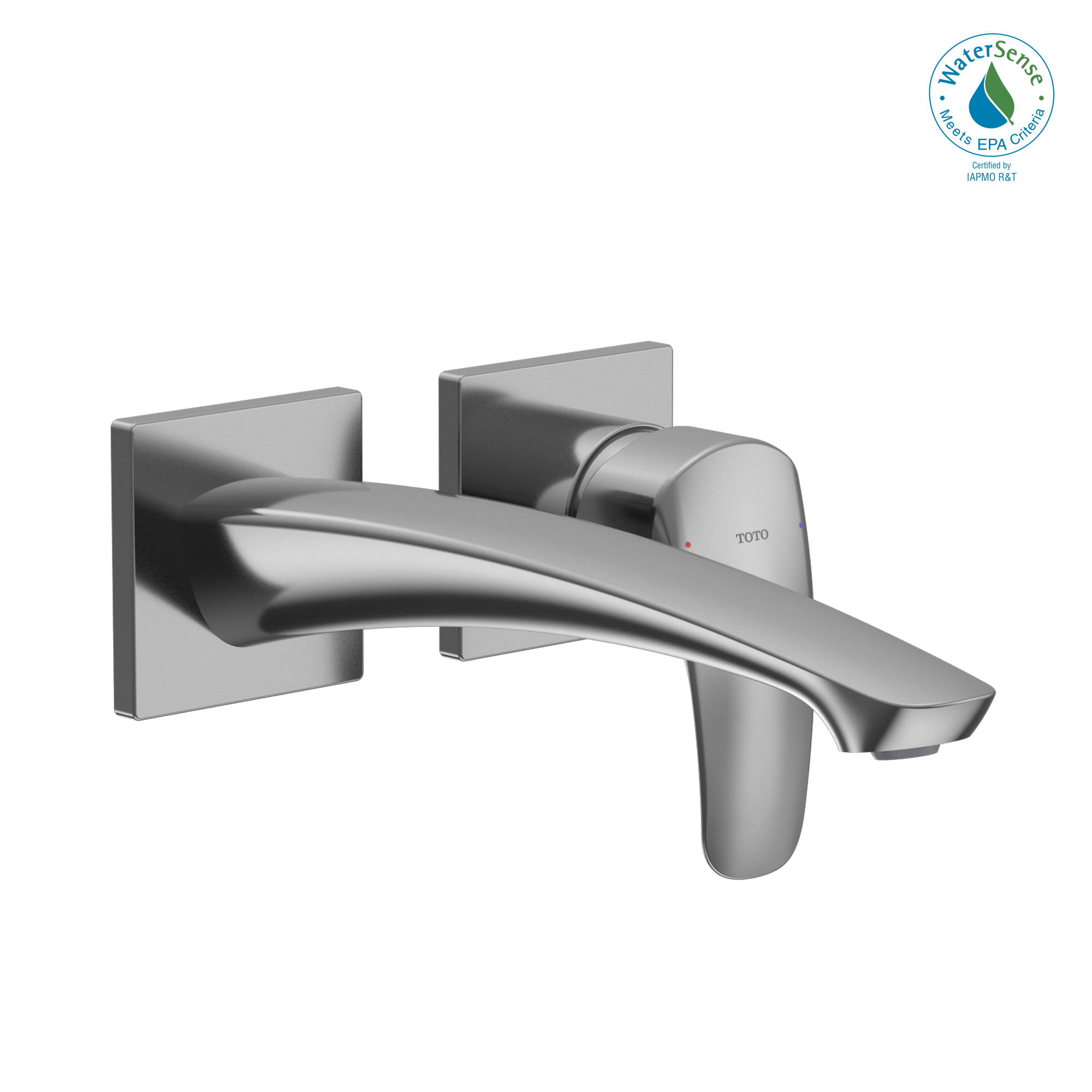 Polished chrome wall-mount bathroom faucet with single handle and curved spout extending from square mounting plates.