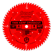 Red circular saw blade with 60 teeth, silver-tipped teeth around edge, white center arbor hole, and black text label on red s