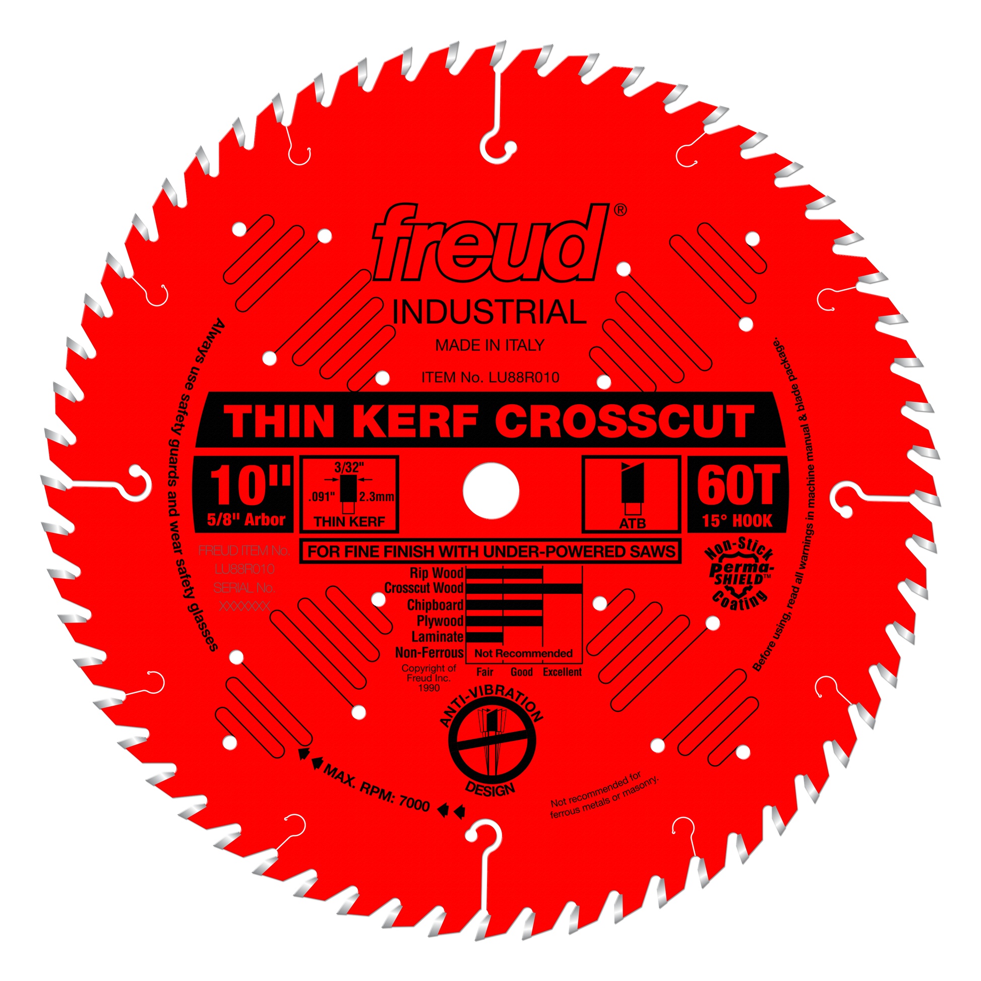 Red circular saw blade with 60 teeth, silver-tipped teeth around edge, white center arbor hole, and black text label on red s