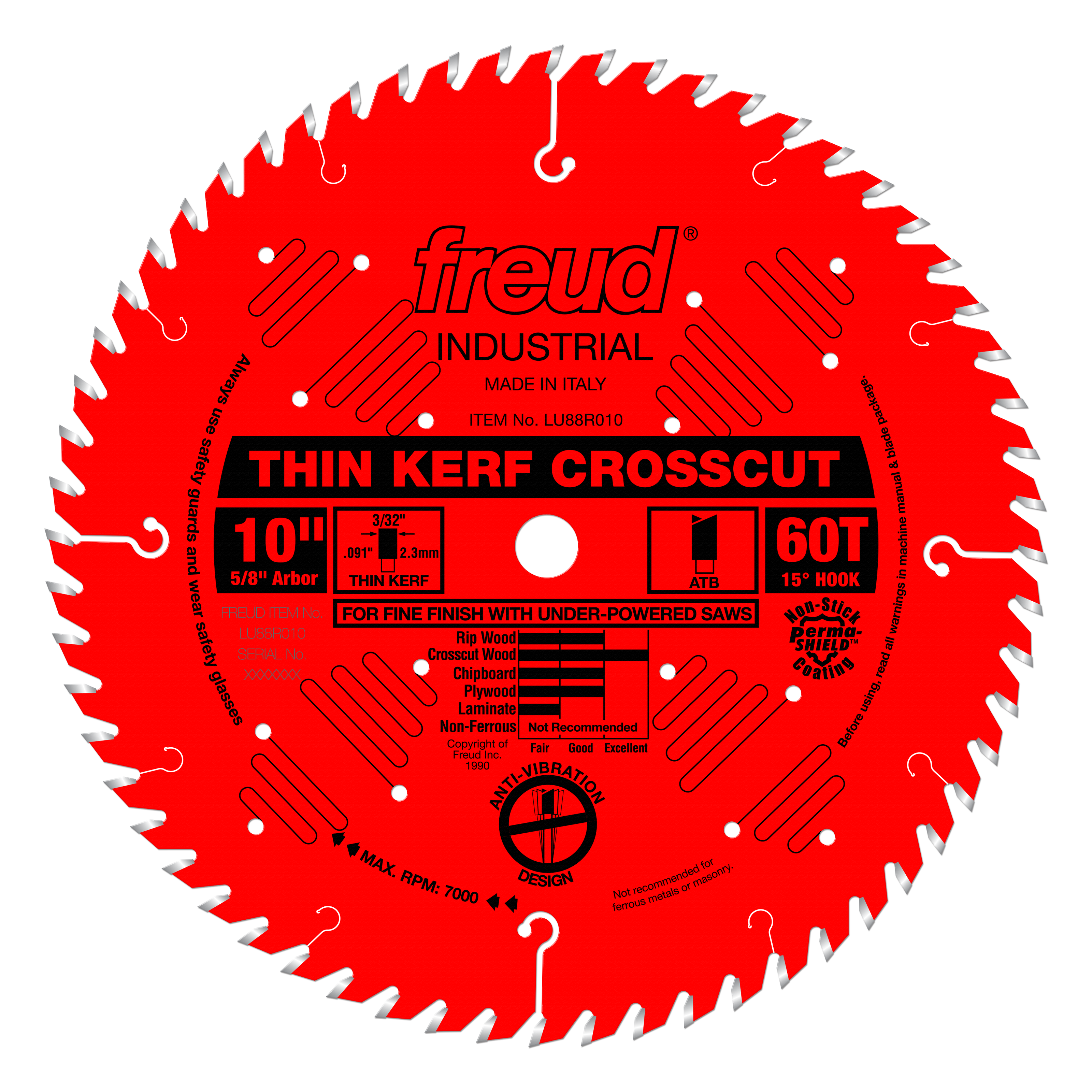 Red circular saw blade with 60 teeth, silver-tipped teeth around edge, white center arbor hole, and black text label on red s
