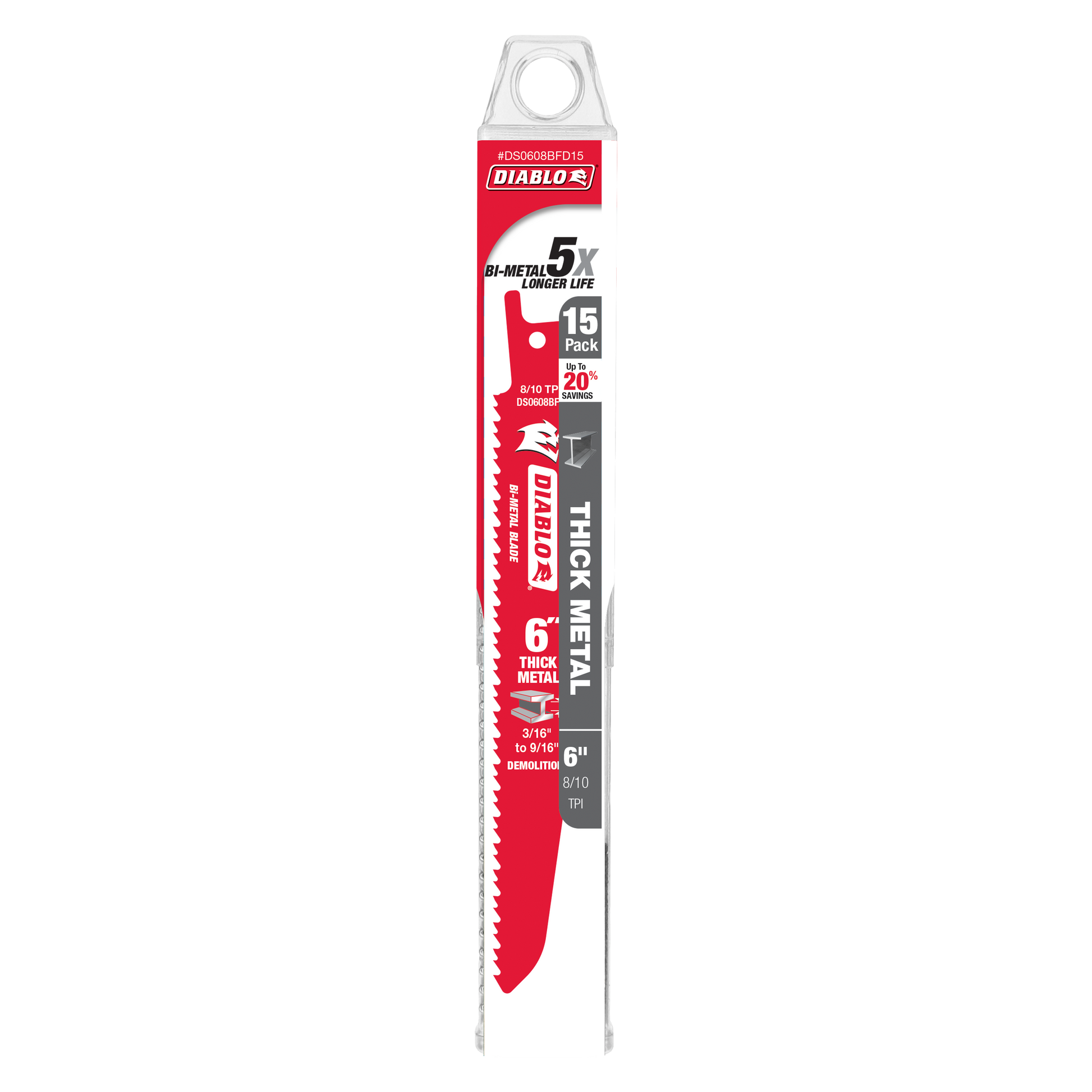 Diablo 6-inch bi-metal reciprocating saw blade with red coating and serrated edge in clear packaging labeled 15-pack.