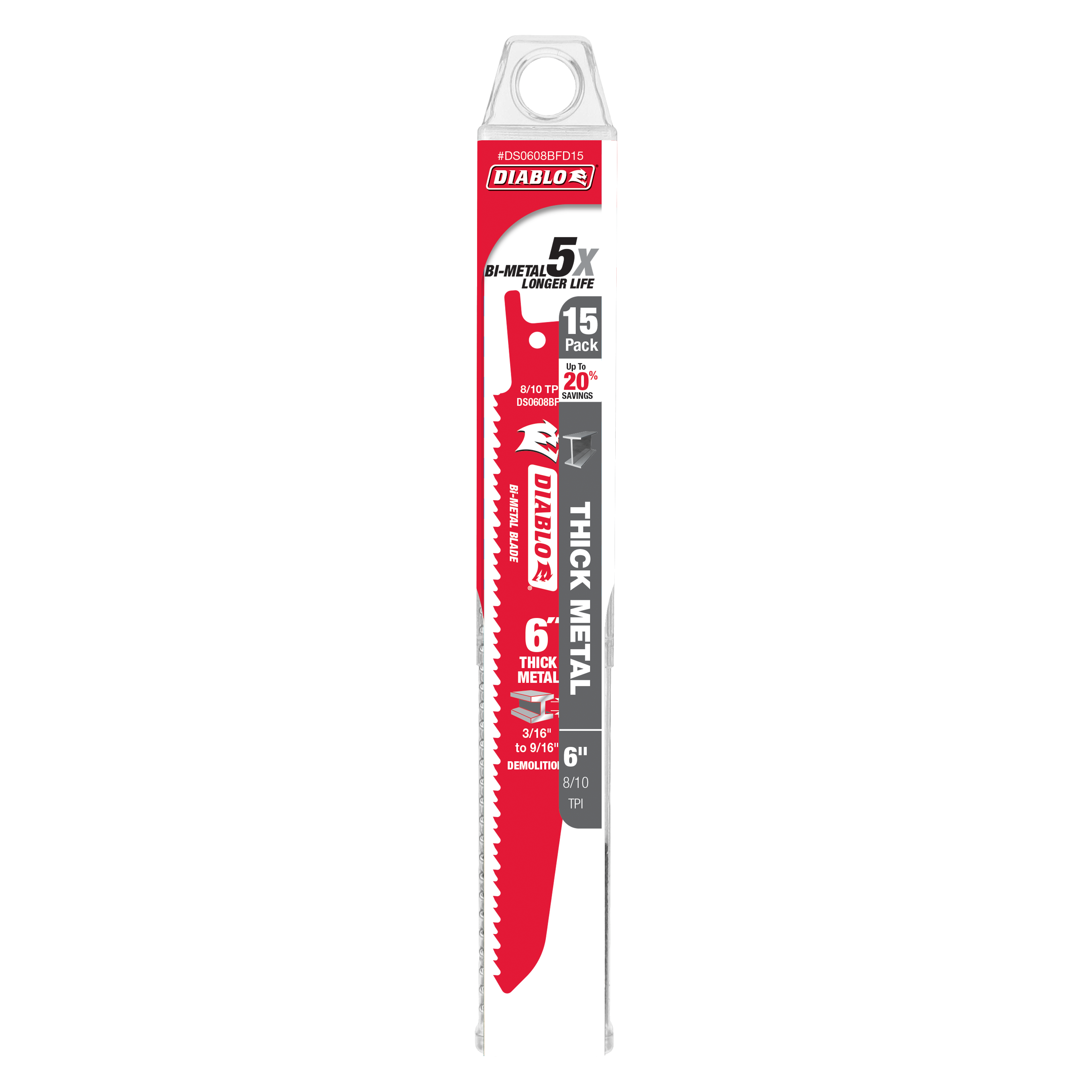 Diablo 6-inch bi-metal reciprocating saw blade with red coating and serrated edge in clear packaging labeled 15-pack.