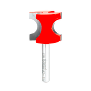 Red and gray half round router bit with curved cutting edges and silver shank.