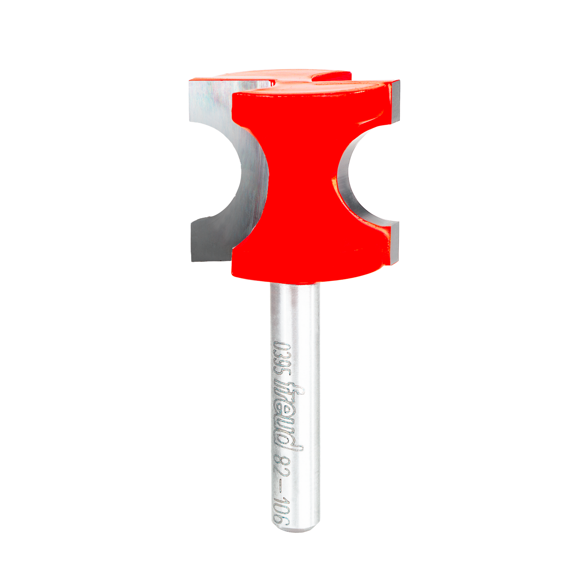 Red and gray half round router bit with curved cutting edges and silver shank.