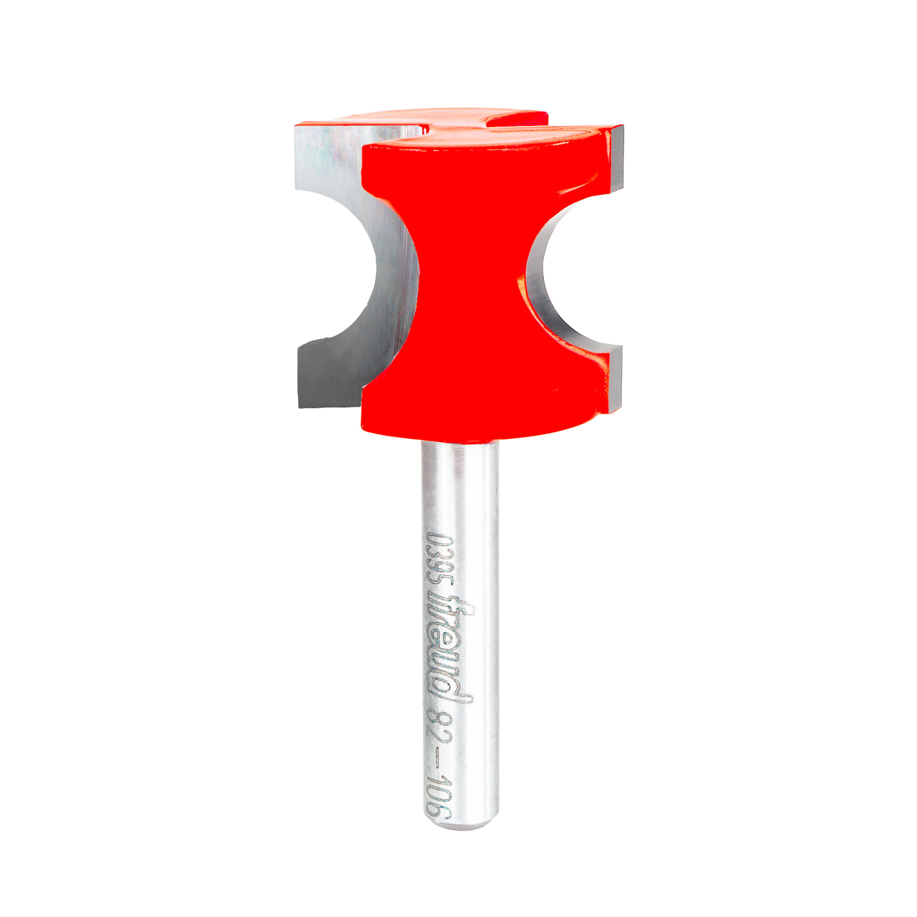 Red and gray half round router bit with curved cutting edges and silver shank.